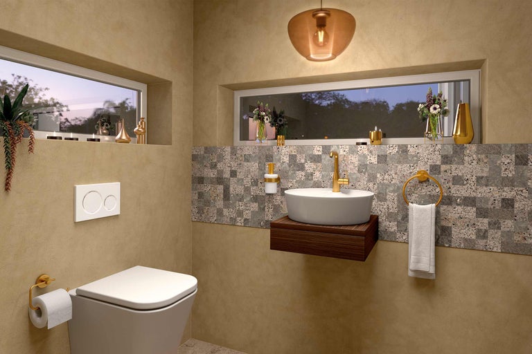 Badkamer met toilet, wastafel, spiegel en verlichting in een helder ontwerp