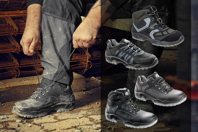 Arbeider strikt veters aan veiligheidsschoenen; verscheidenheid aan veiligheidsschoenen op de achtergrond