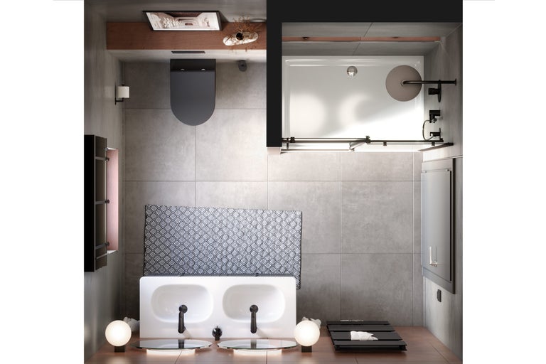 Lichte badkamer met dubbele wastafel, douche en toilet.