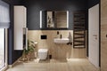 Moderne badkamer met houtlook tegels, hangend toilet, wastafel, spiegelkast met verlichting en een donkere handdoekradiator.