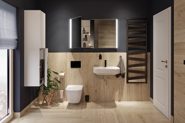 Moderne badkamer met houtlook tegels, hangend toilet, wastafel, spiegelkast met verlichting en een donkere handdoekradiator.