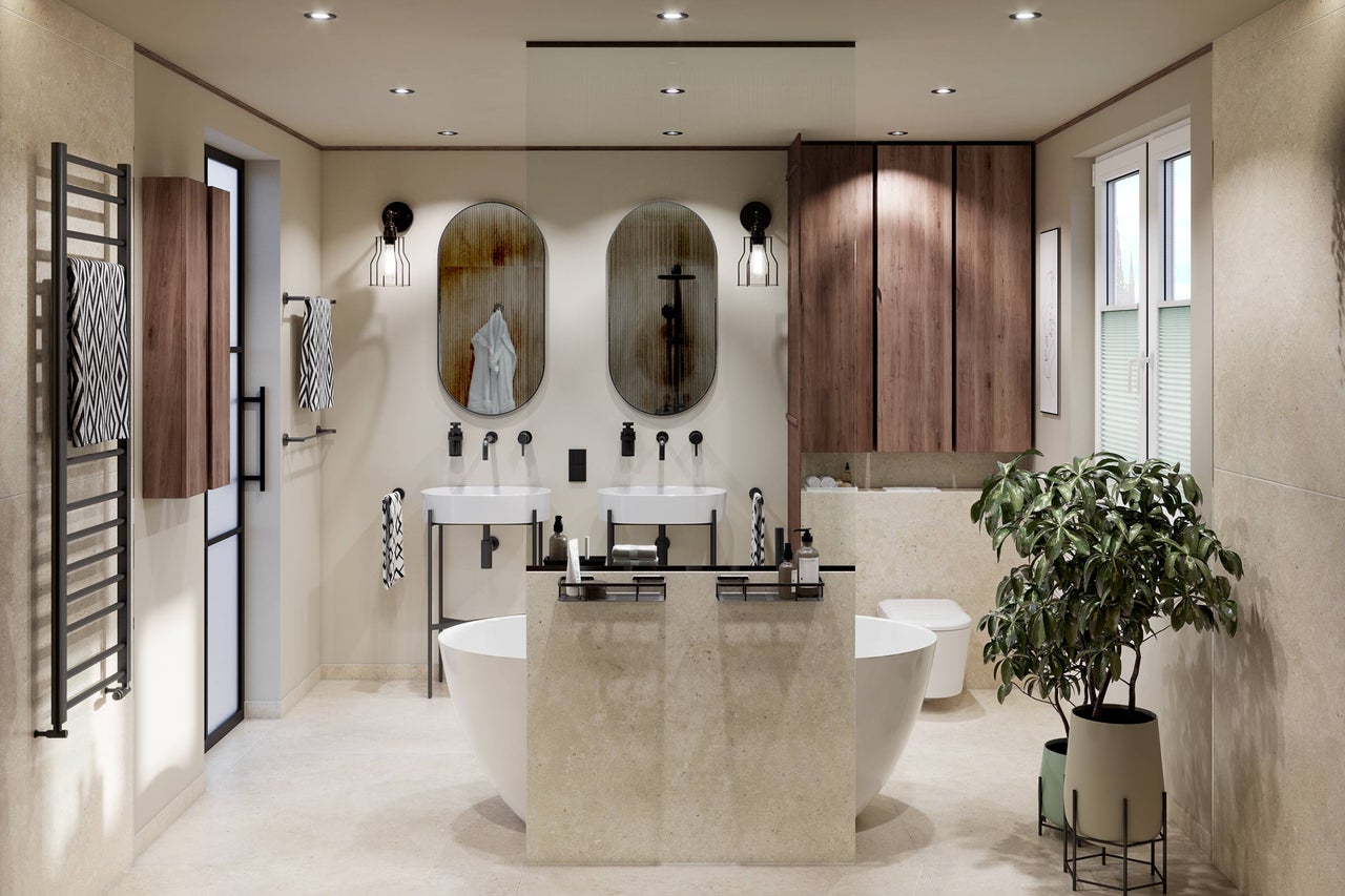 Moderne badkamer met dubbele wastafel, ovale spiegels, vrijstaand bad, houten kasten en een handdoekradiator.