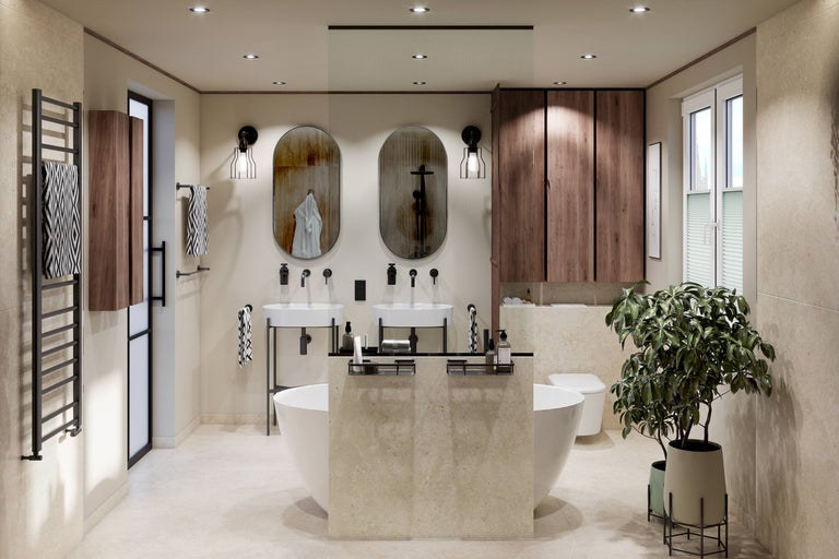 Moderne badkamer met dubbele wastafel, ovale spiegels, vrijstaand bad, houten kasten en een handdoekradiator.