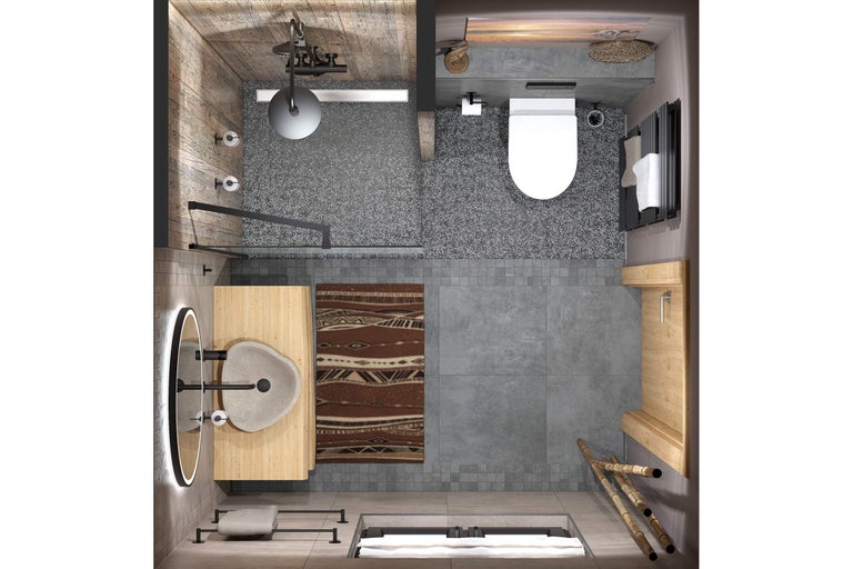 Bovenaanzicht van een badkamer met douche, toilet, wastafel, spiegel en ligbad