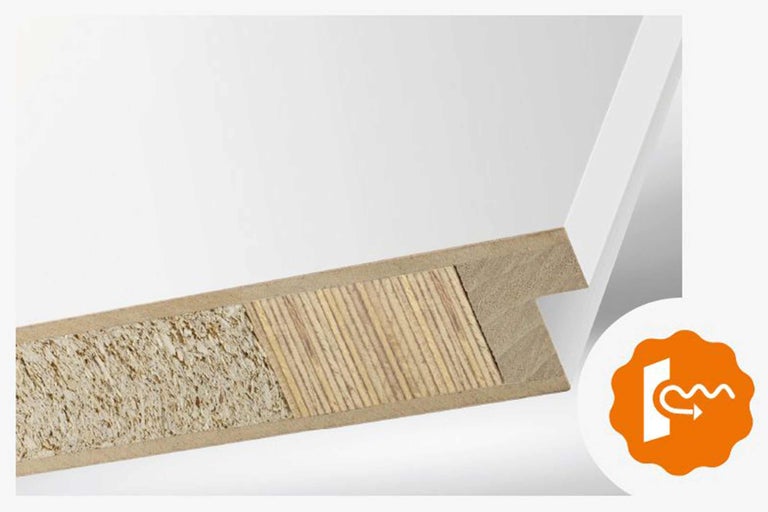 Doorsnede van een houten plaat met mes en groef