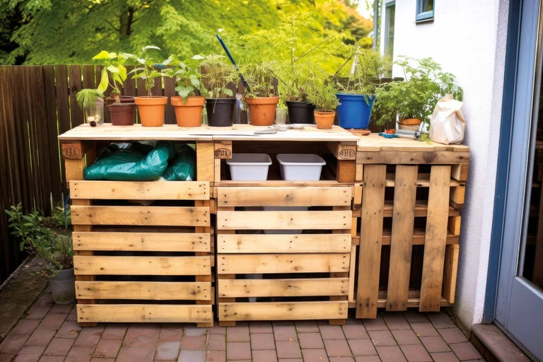 Tuinscène met een stelling van houten pallets, beplant met verschillende potplanten