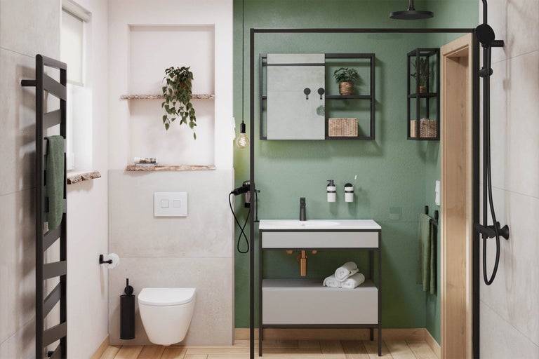 Badkamer met wastafel, toilet, handdoekradiator en douche