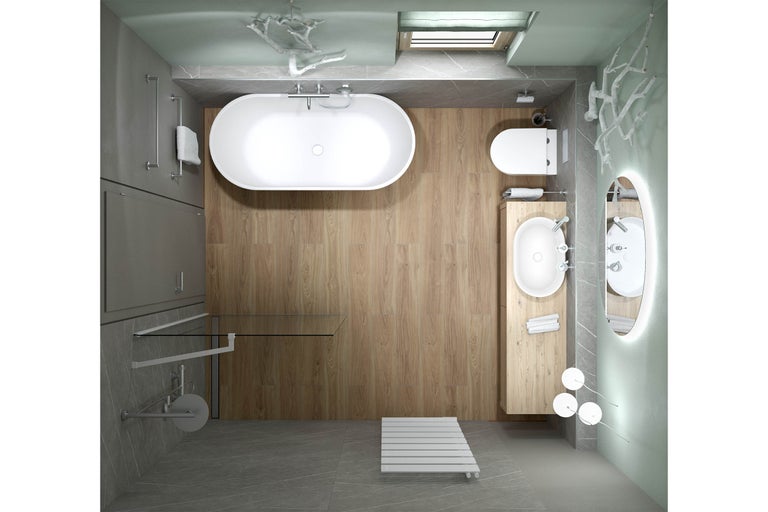 Bovenaanzicht van een moderne badkamer met vrijstaand bad, inloopdouche, wastafelmeubel met ovale kom en vloer met houtoptiek.