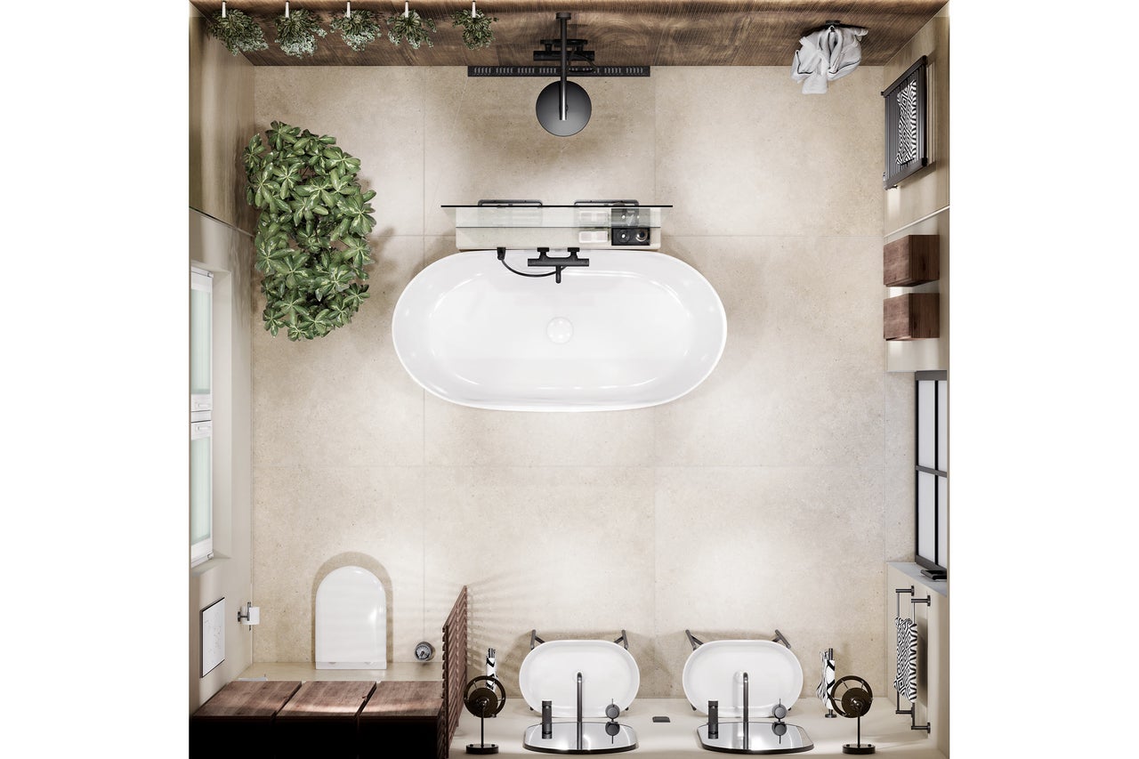 Bovenaanzicht van een moderne, lichte badkamer met vrijstaand bad, dubbele wastafel, toilet en grote tegels.