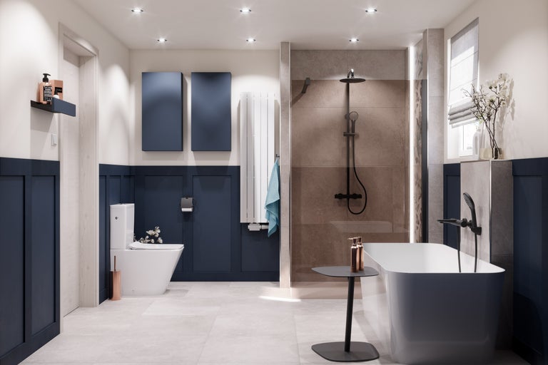 Moderne badkamer met toilet, bad en douche