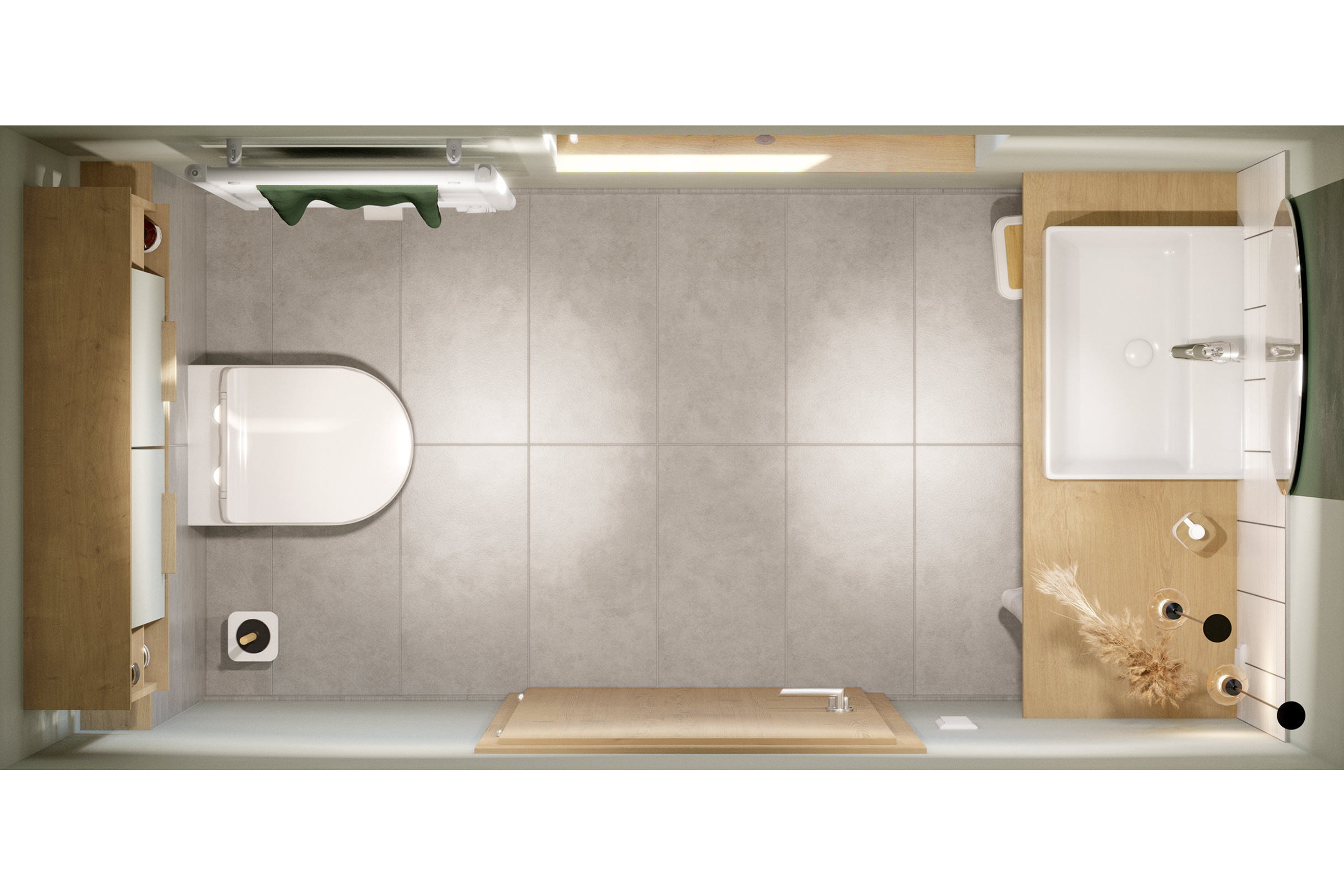 Vogelperspectief van een lichte badkamer met toilet, wastafel, douche en badkamermeubels