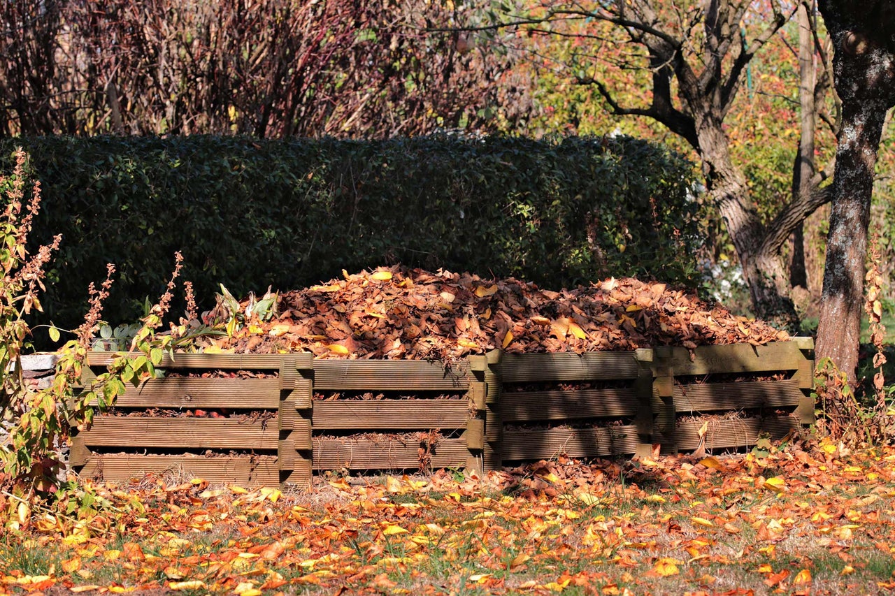 Houten compostbak gevuld met bladeren in de tuin