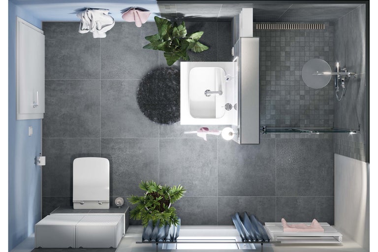 Bovenaanzicht van een badkamer met douche, wastafel, toilet en badkamermeubels