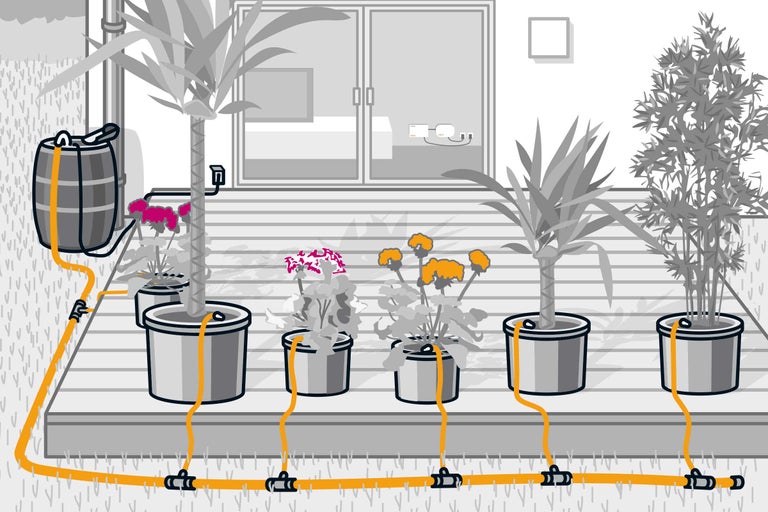 Illustratie van een tuinbewateringssysteem met planten in potten en een watervat.