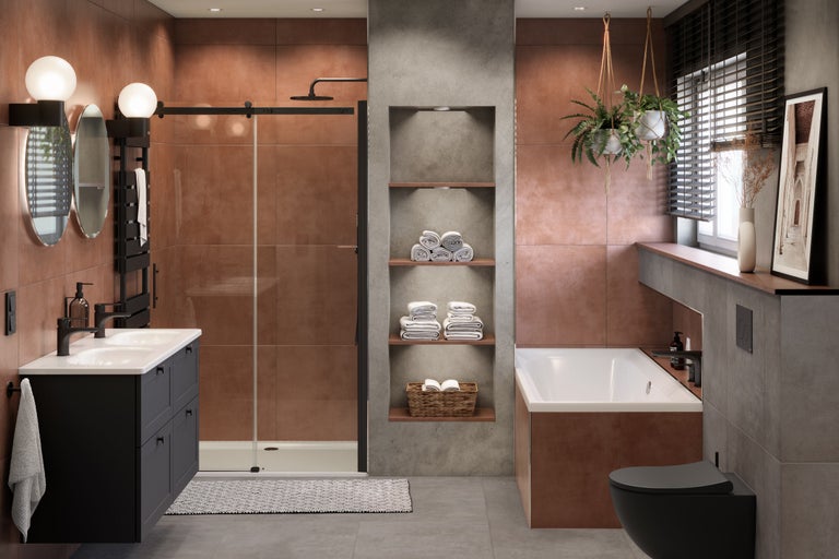 Lichte badkamer met wastafel, douche, bad en toilet in modern design