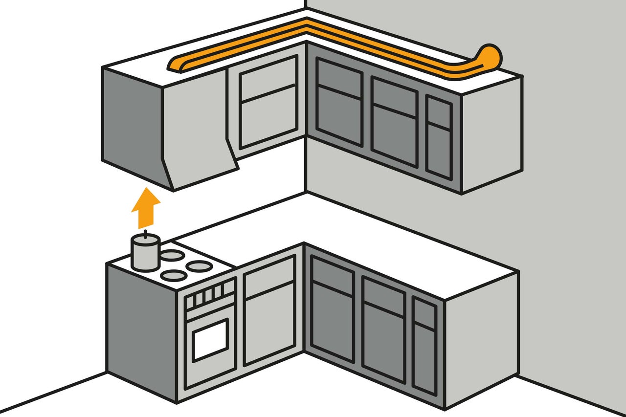 Illustratie van een keuken met afzuigkap en fornuis