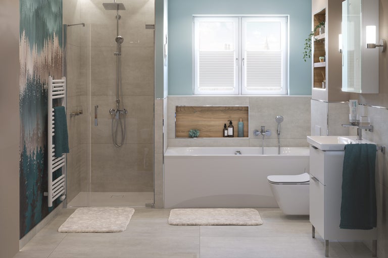 Lichte badkamer met douche, bad, wastafel en toilet