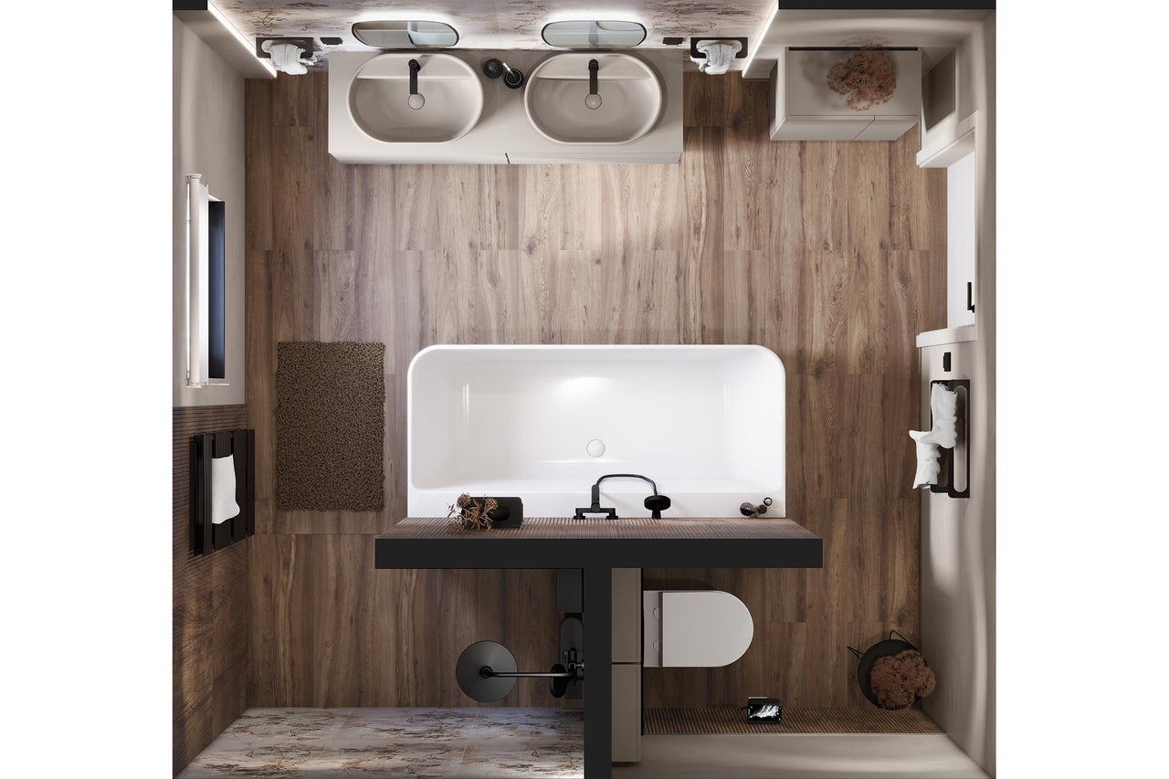 Moderne badkamer met bad, wastafelmeubel met twee wasbakken en houtlook