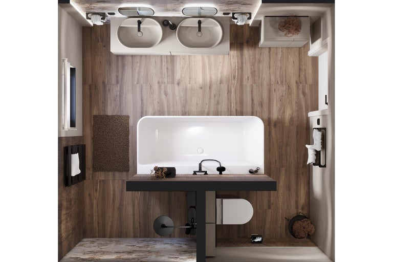 Moderne badkamer met bad, wastafelmeubel met twee wasbakken en houtlook