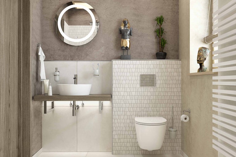 Moderne badkamer met wastafel, spiegel, toilet en radiator