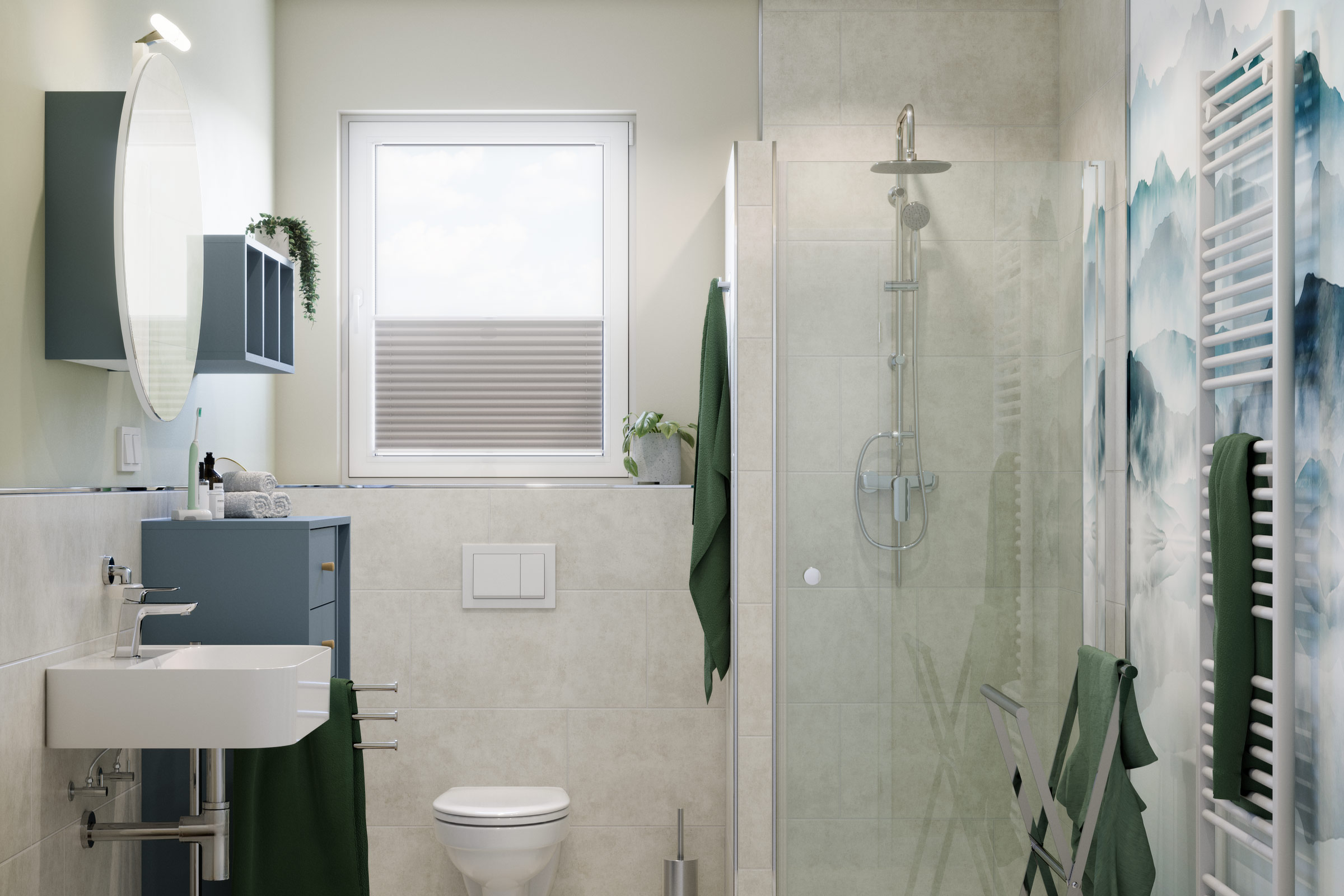 Lichte badkamer met wastafel, spiegel, toilet en douche
