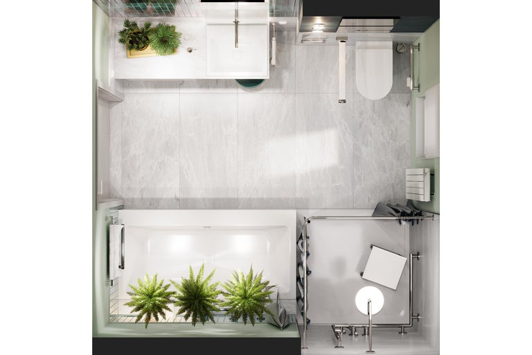 Vogelvlucht van een badkamer met bad, wastafel, toilet en douche