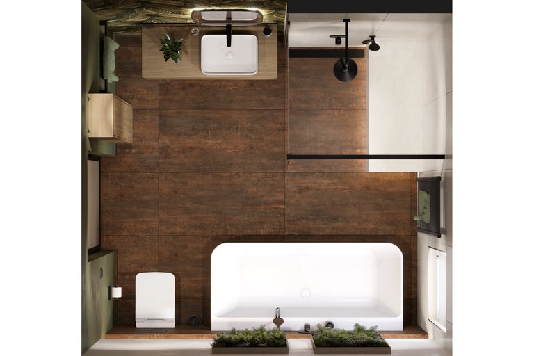 Vogelvlucht van een badkamer met ligbad, douche, wastafel en bruine tegels