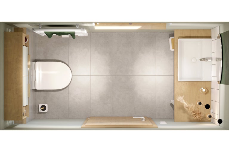 Badkamer met toilet, wastafel en douche in vogelperspectief