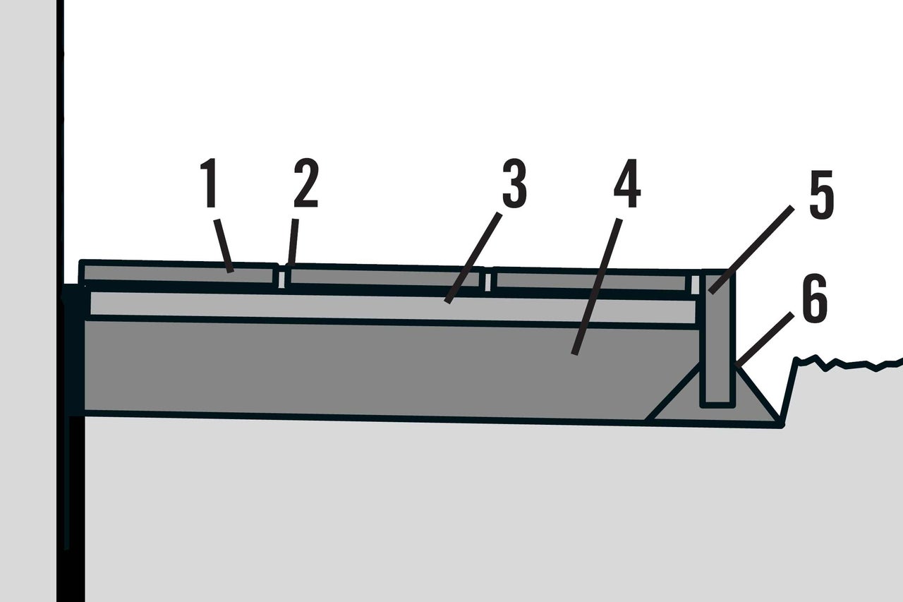 Schematische weergave van een bouwproject met verschillende onderdelen en nummers.