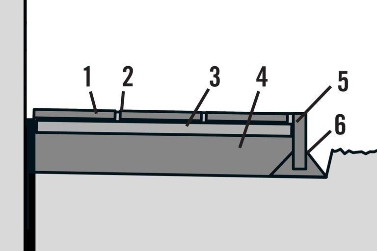 Schematische weergave van een bouwproject met verschillende onderdelen en nummers.