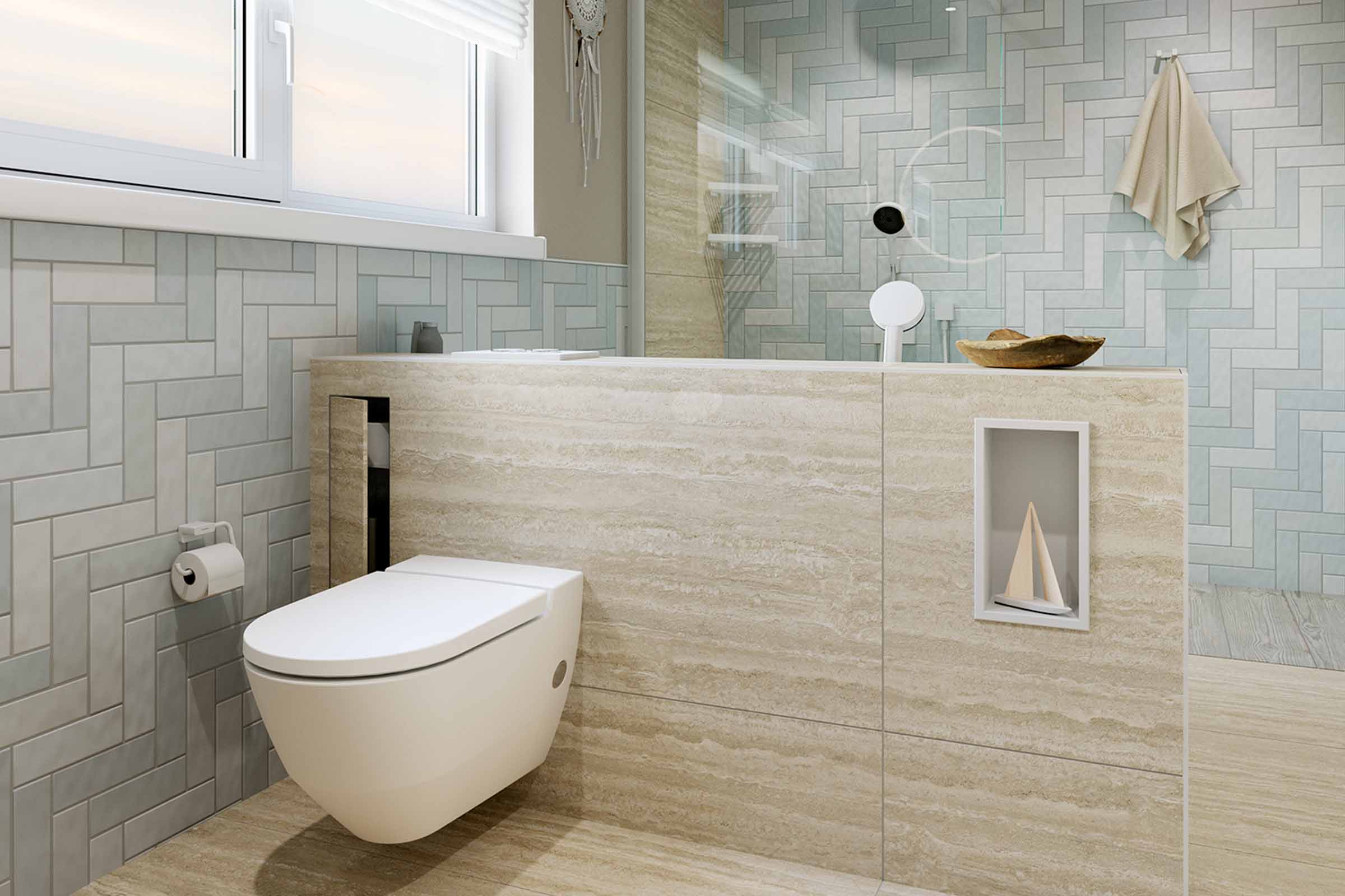 Moderne badkamer met hangtoilet, visgraatmotief tegels en wastafel