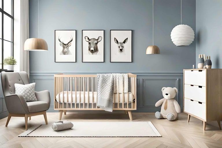 Babykamer met ledikant, fauteuil, commode en dierenfoto's