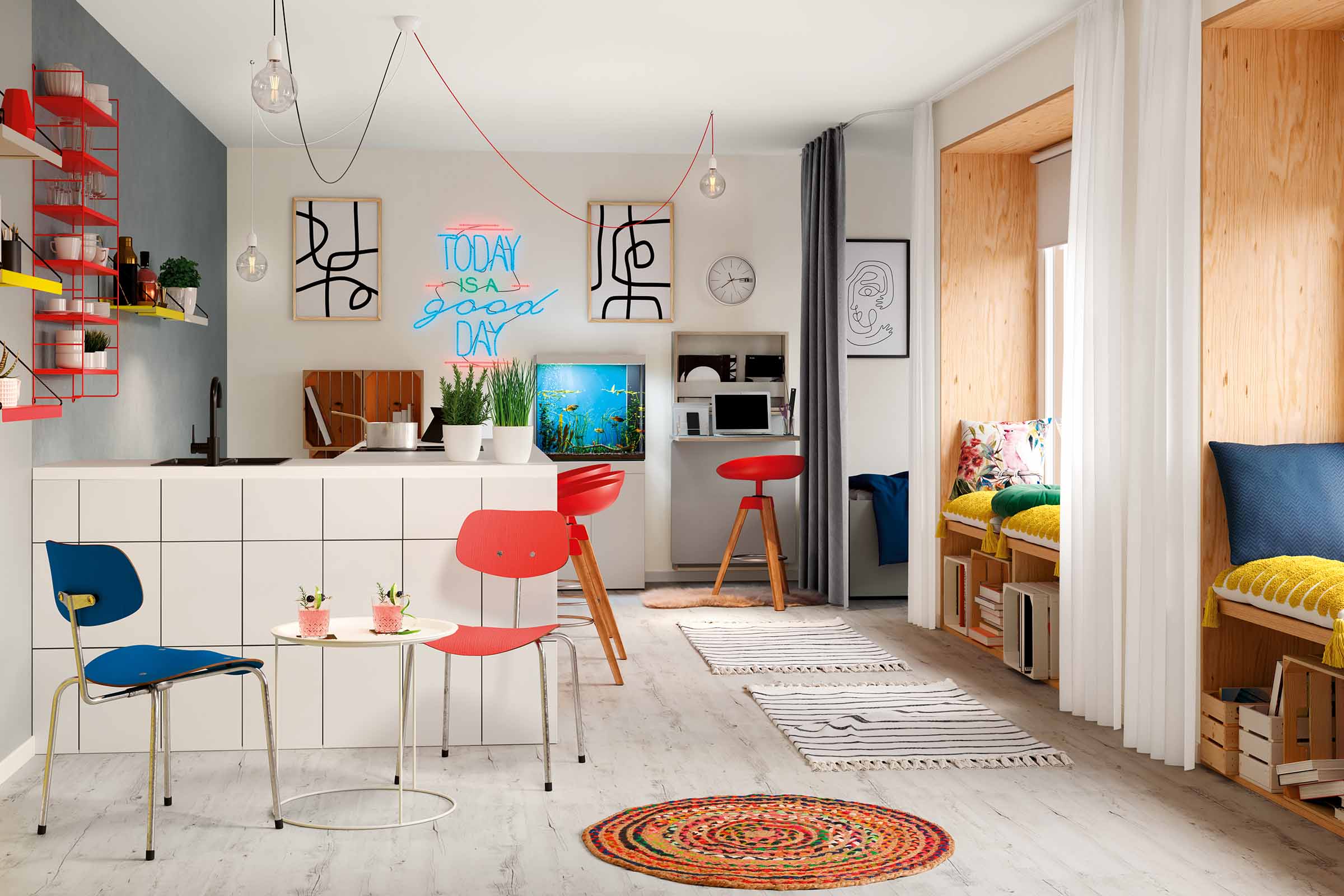 Lichte woonkamer met keuken, zitjes en decoratie