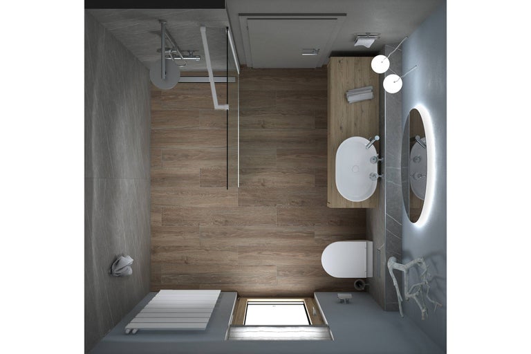 Bovenaanzicht van een badkamer met douche, toilet, wastafel en spiegel