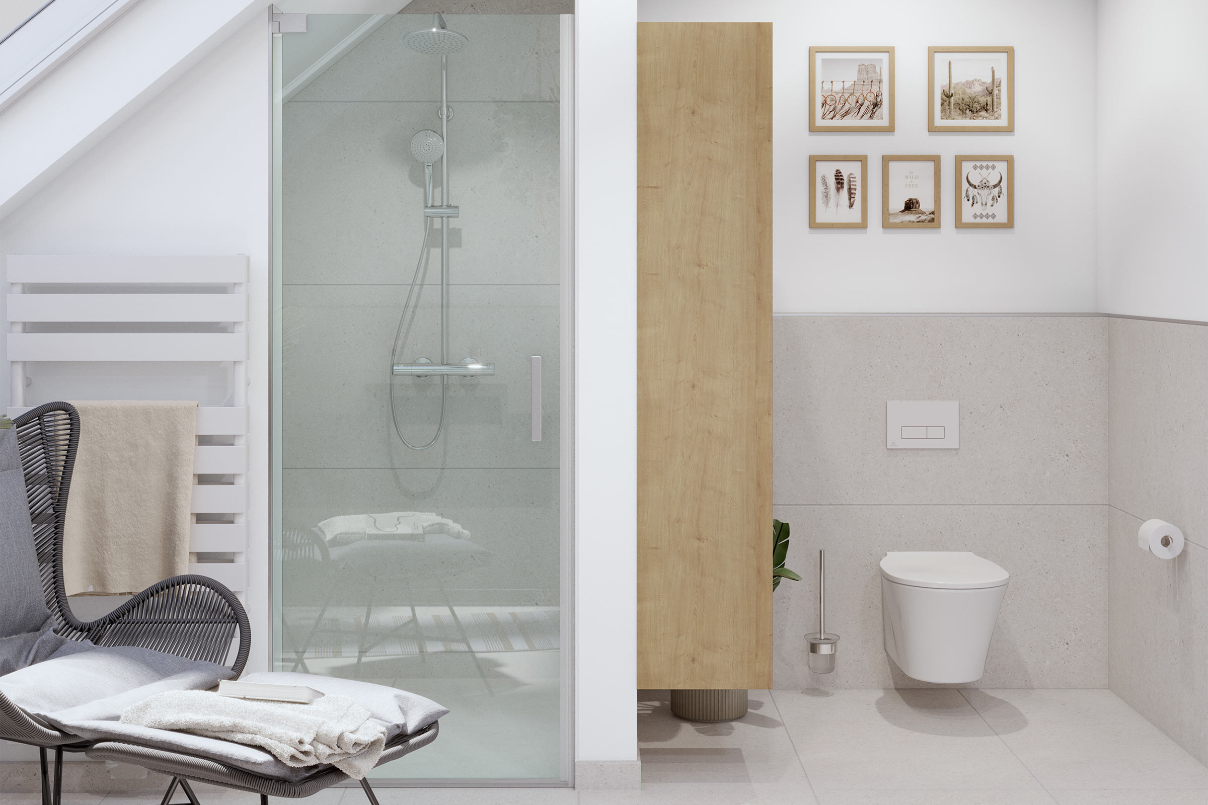 Moderne badkamer met douche, toilet, wastafel en decoratie