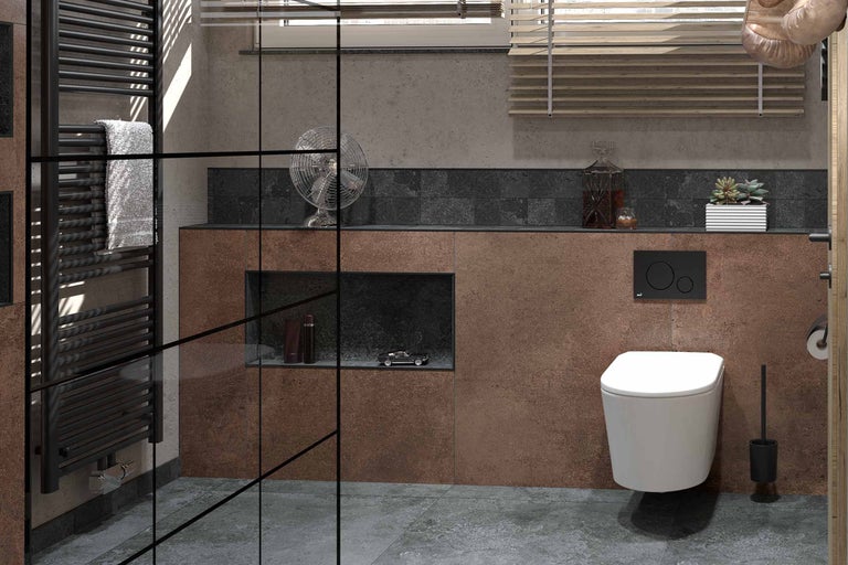 Moderne badkamer met handdoekradiator, hangtoilet en stijlvolle accessoires