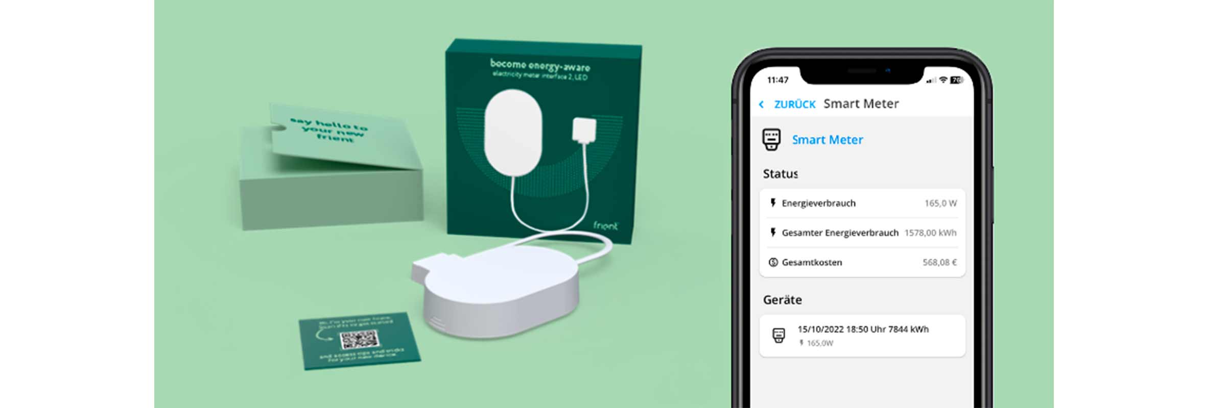 friont stroomsensor met smartphone-app voor energieverbruikanalyse