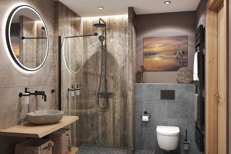 Badkamer met douche, wastafel en toilet in houtlook en steenlook