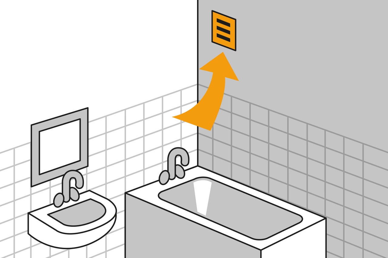 Symbool voor handmatige ventilatie in de badkamer met wastafel en bad