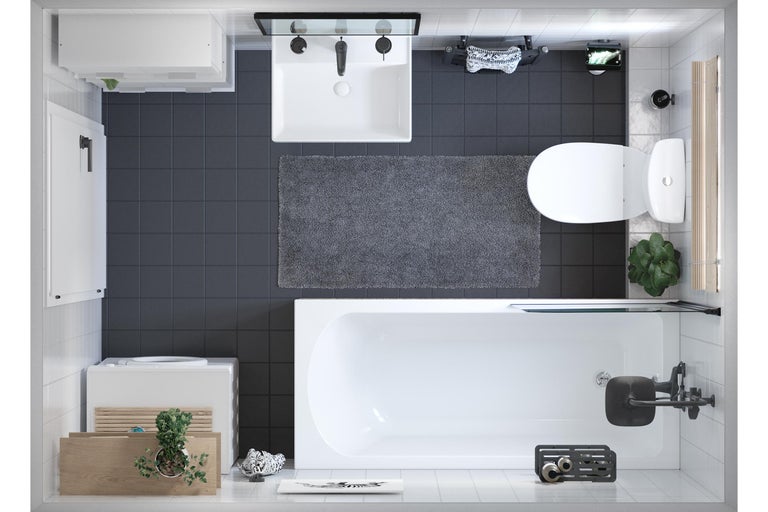 Vogelperspectief van een badkamer met wastafel, bad, toilet en tegelvloer