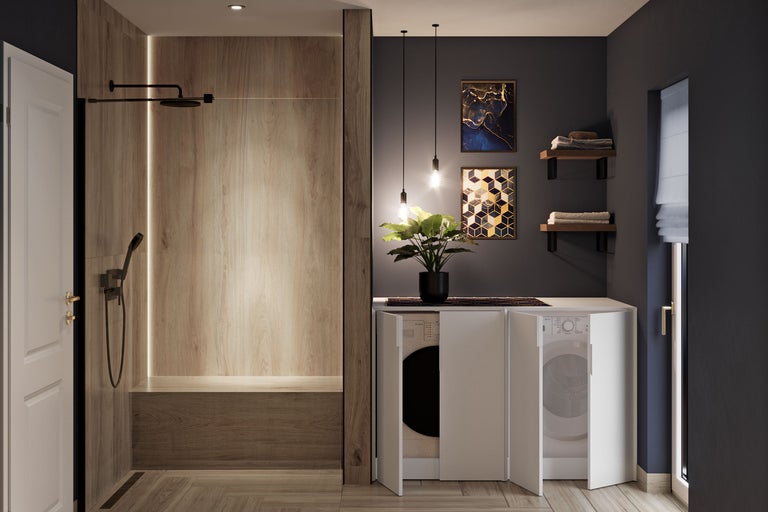 Moderne badkamer met douche, wasmachines en planken