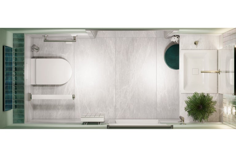 Vogelperspectief van een badkamer met toilet, wastafel en tegels