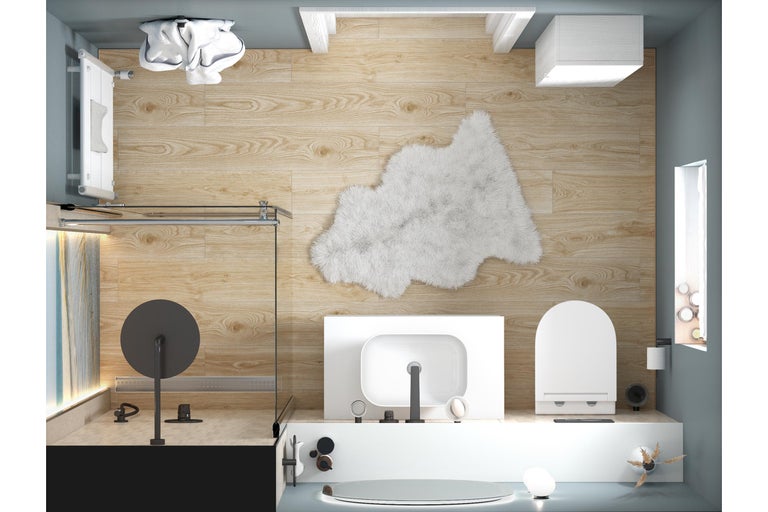 Moderne badkamer met tegels in houtlook, inloopdouche, witte wastafel, toilet en pluizig tapijt.