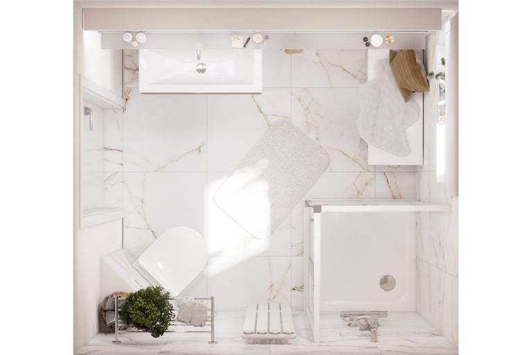 Badkamer bovenaanzicht met wastafel, toilet, douche en badmatten