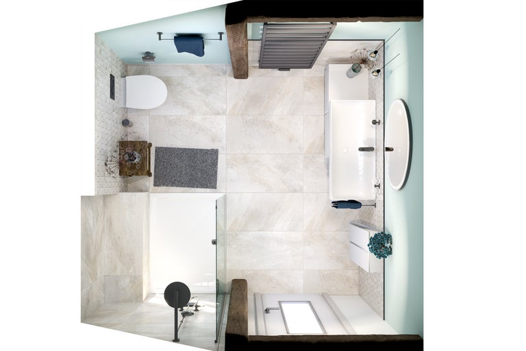 Bovenaanzicht van een badkamer met douche, toilet, wastafel, spiegel en radiator.