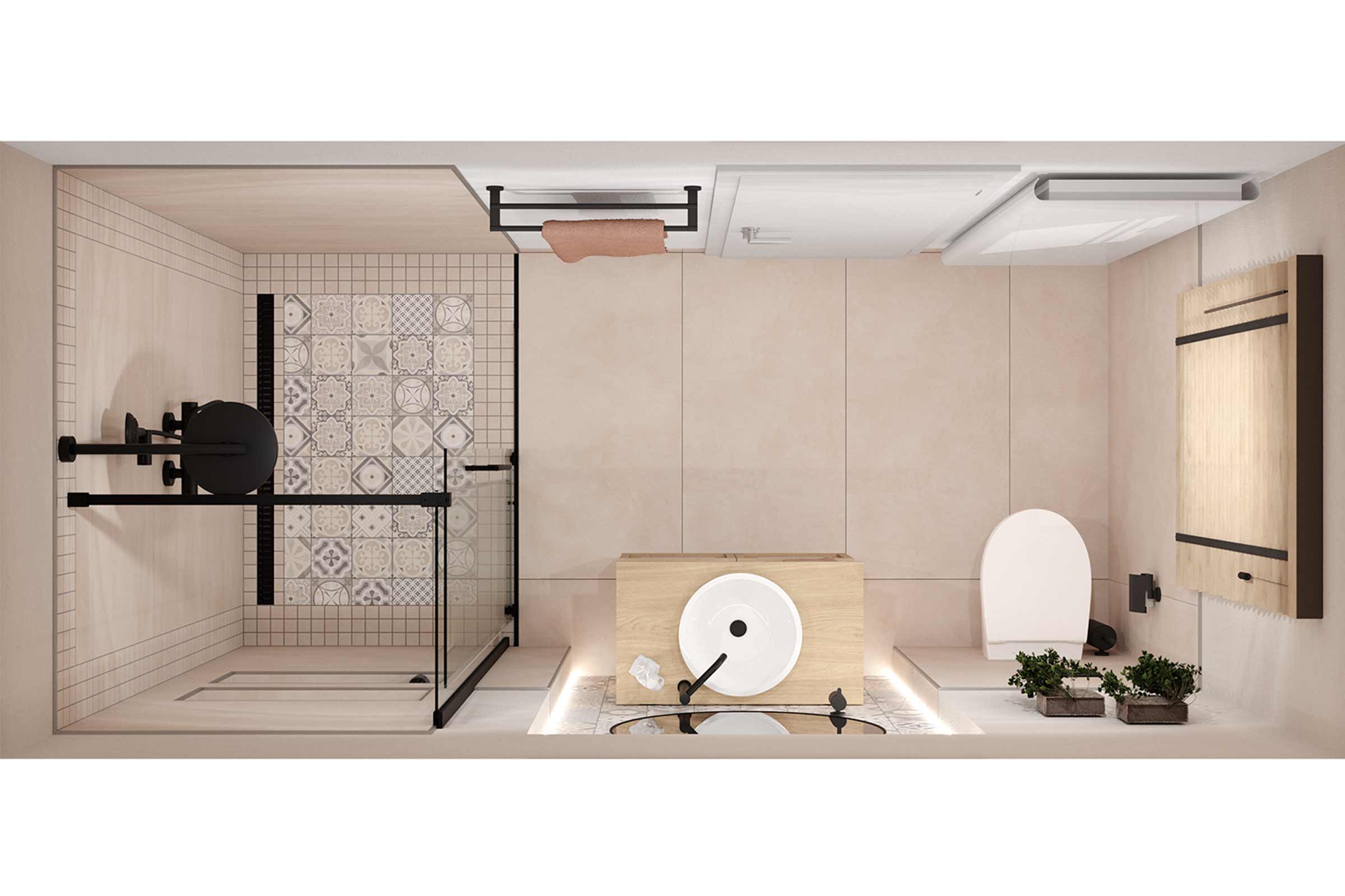 Lichte badkamer met douche, wastafel, toilet en handdoekenrek