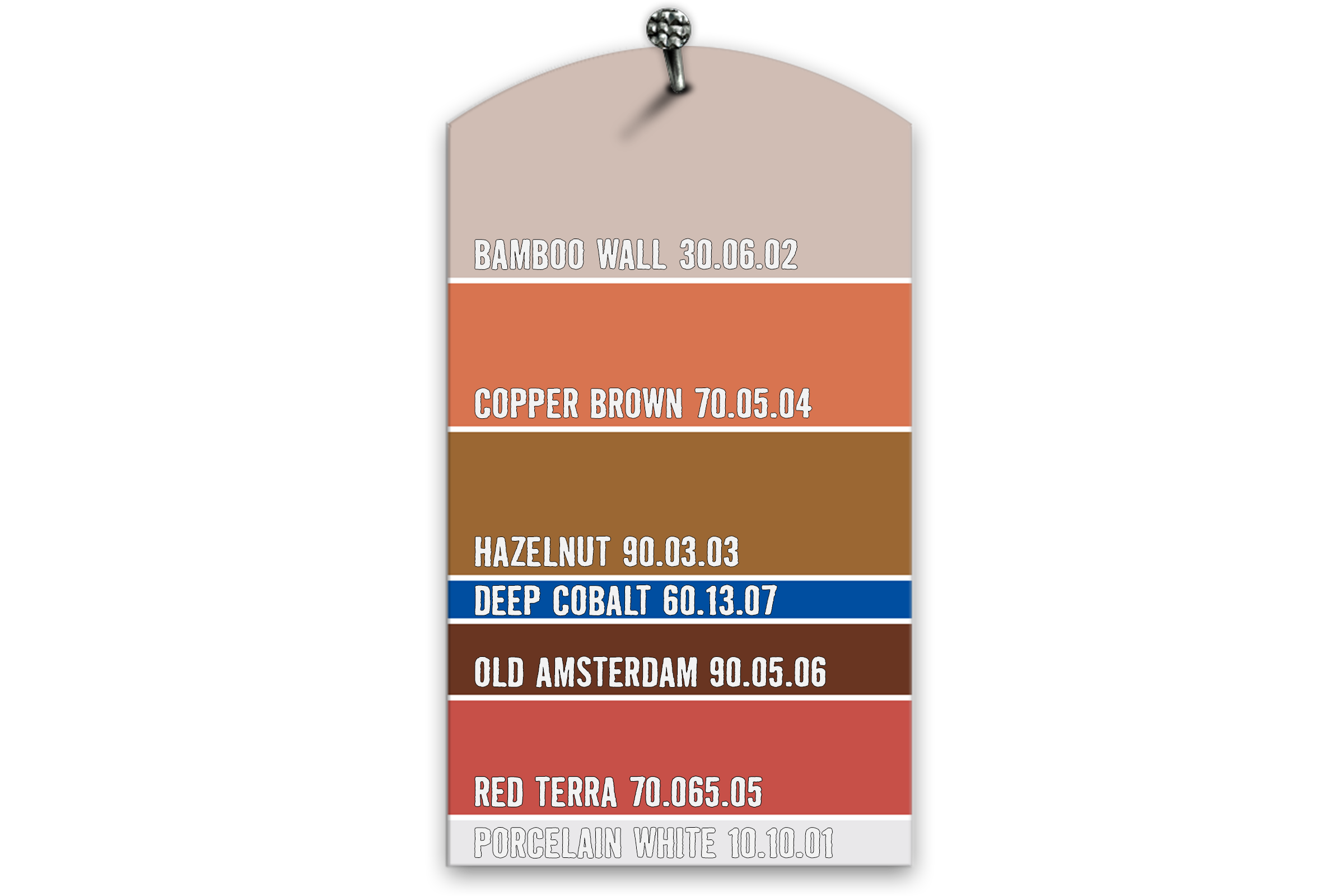 Verfkleurenkaart met interieurkleuren: Bamboo Wall, Copper Brown, Hazelnut, Deep Cobalt, Old Amsterdam, Red Terra en Porcelain White