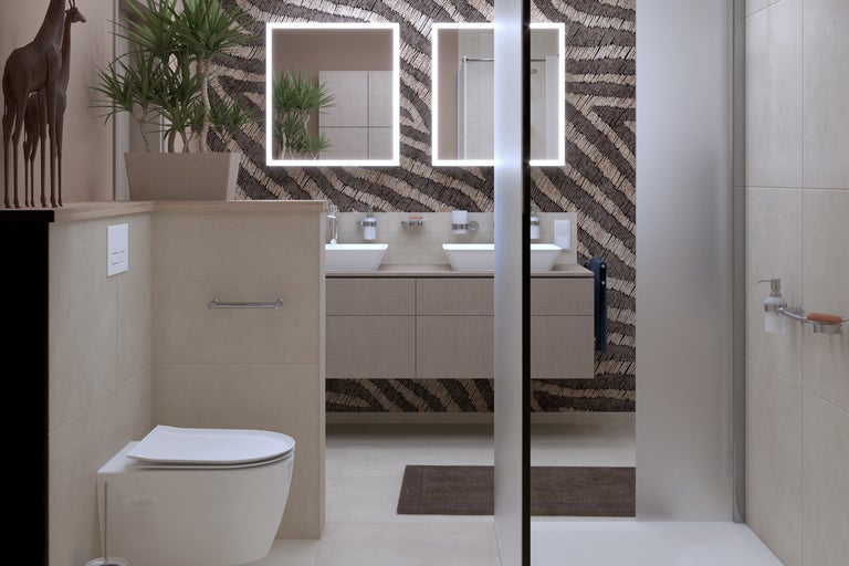 Lichte badkamer met dubbele wastafel, verlichte spiegels en modern interieur