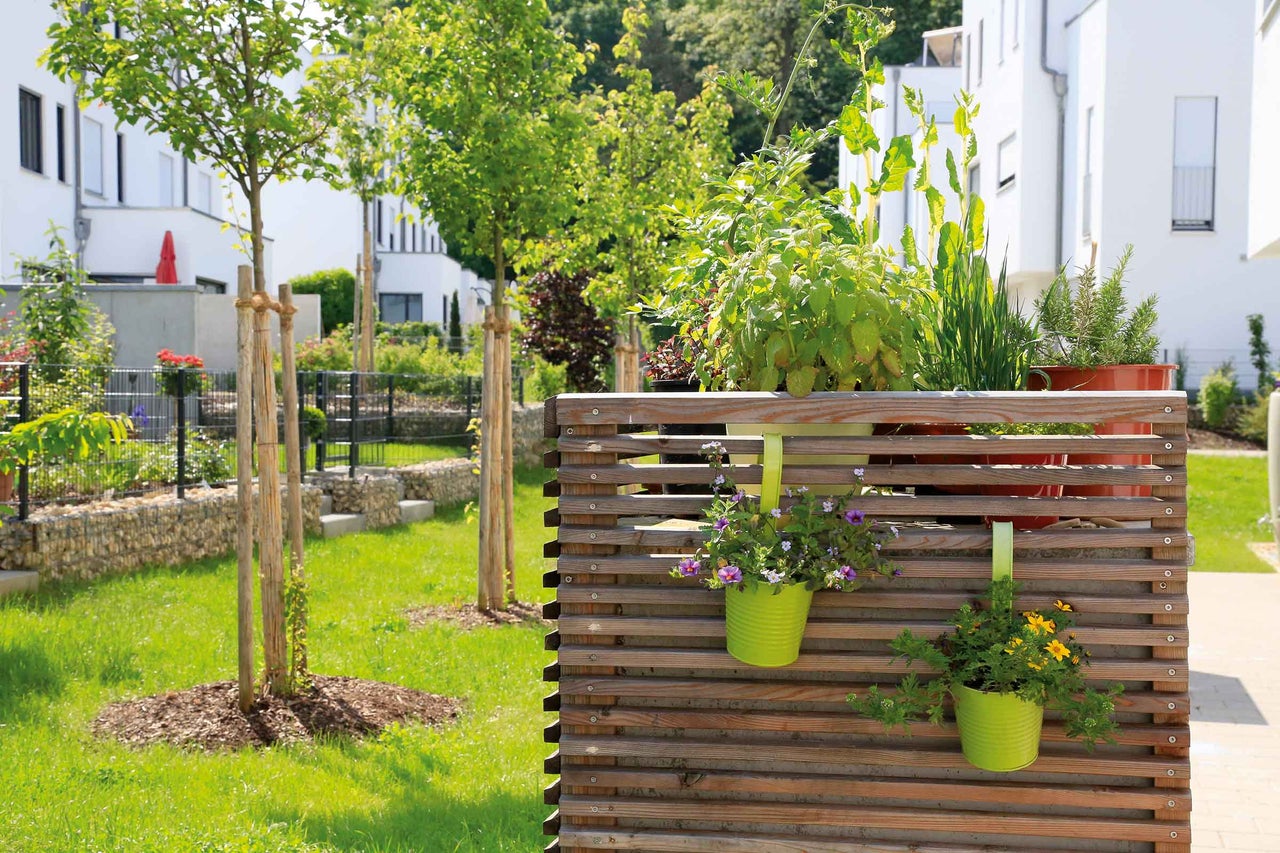 Tuinaanzicht met houten scherm en beplante bloempotten