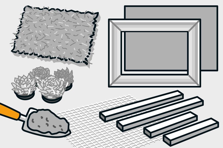 Materialen en gereedschap voor de aanleg van een verhoogde tuinbak, inclusief planten